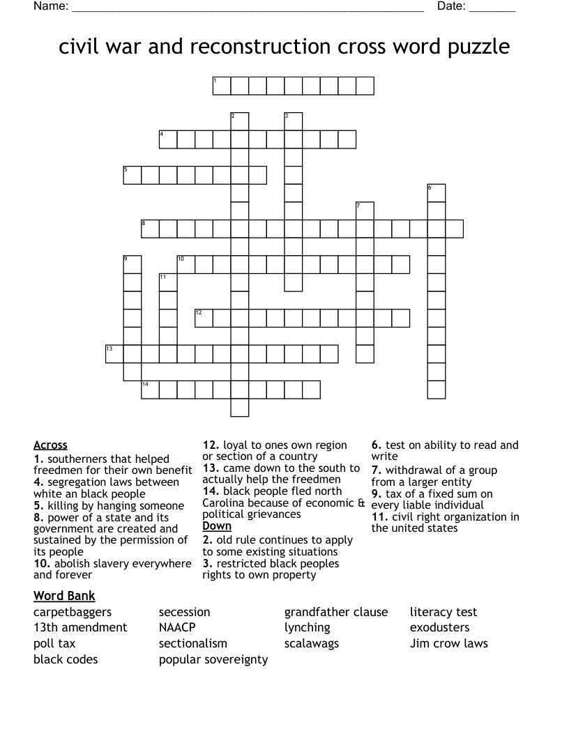 civil war and reconstruction cross word puzzle