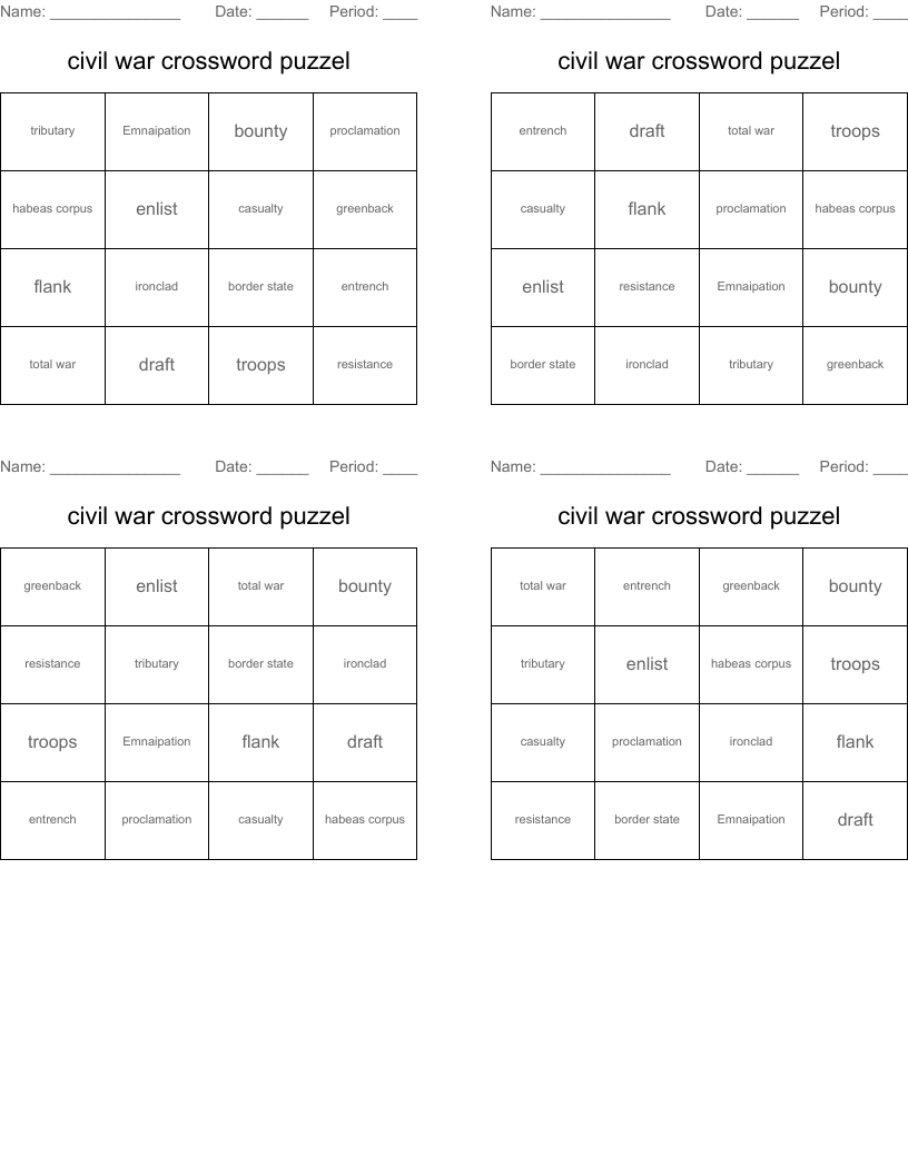 civil war crossword puzzel Bingo Cards