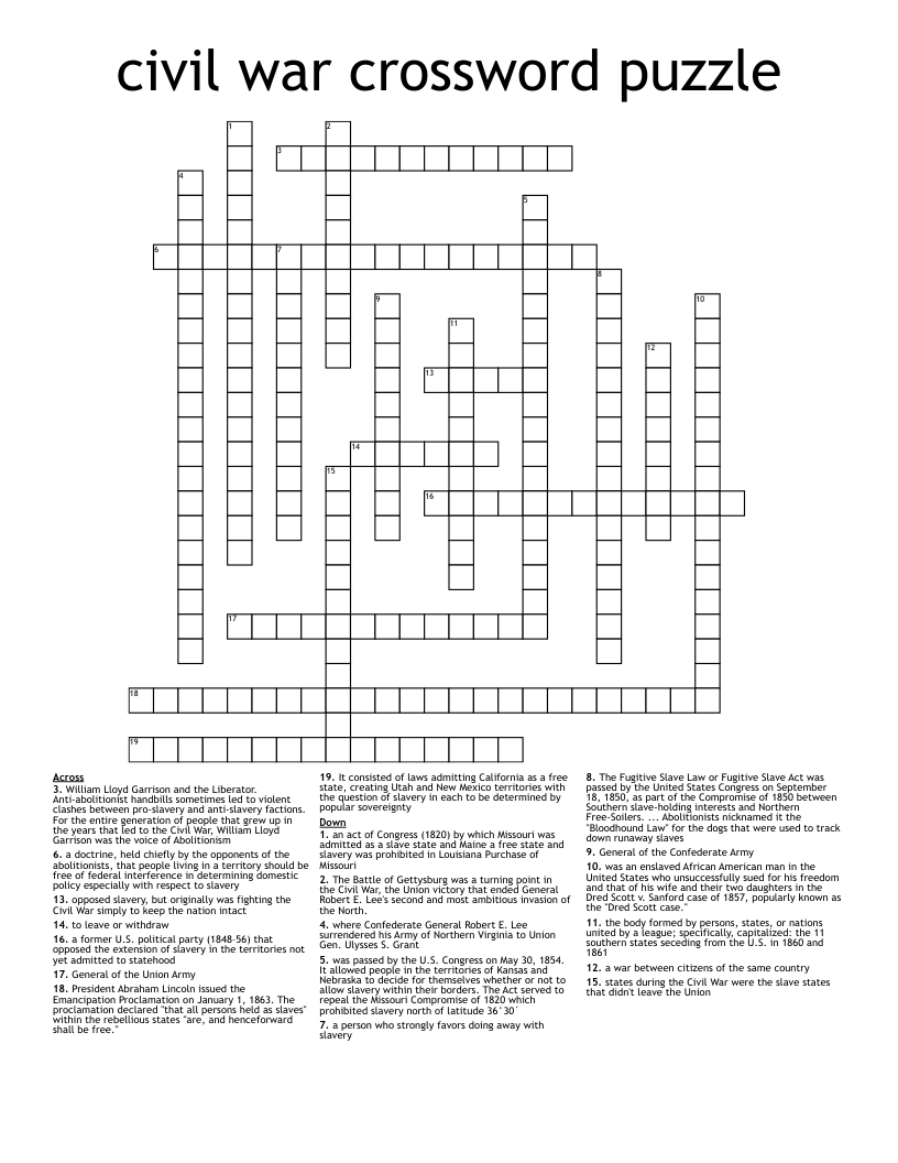 civil war crossword puzzle