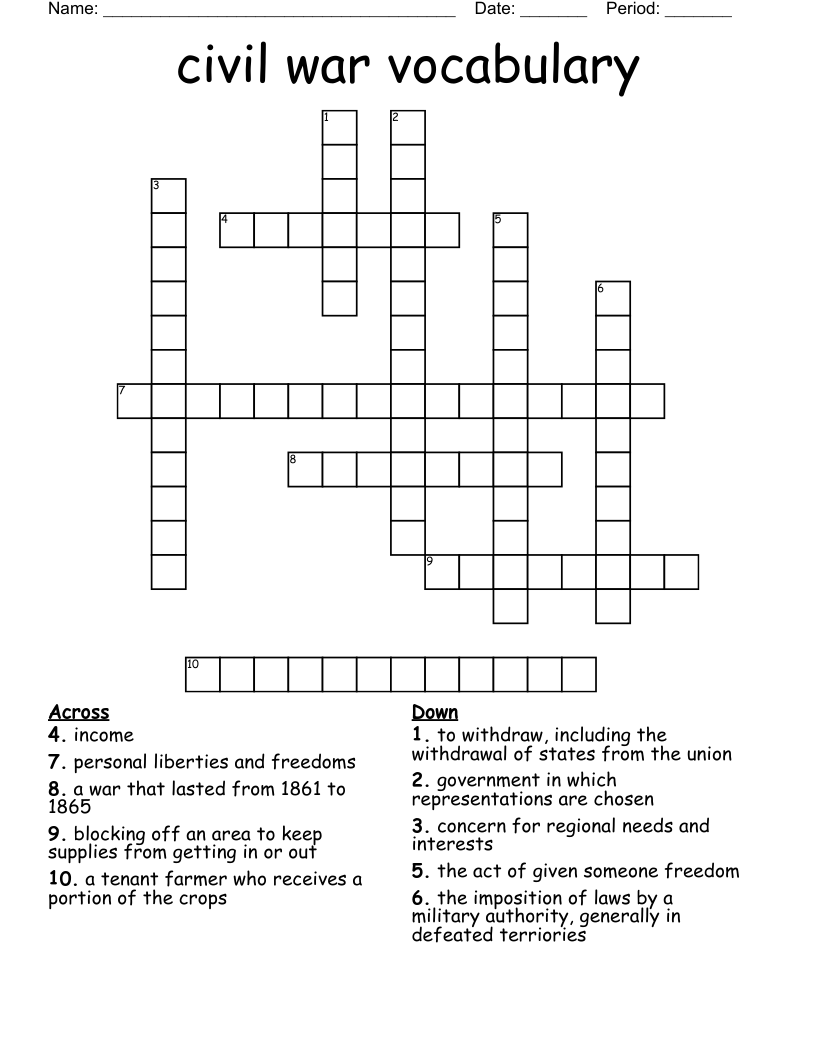 civil war vocabulary Crossword