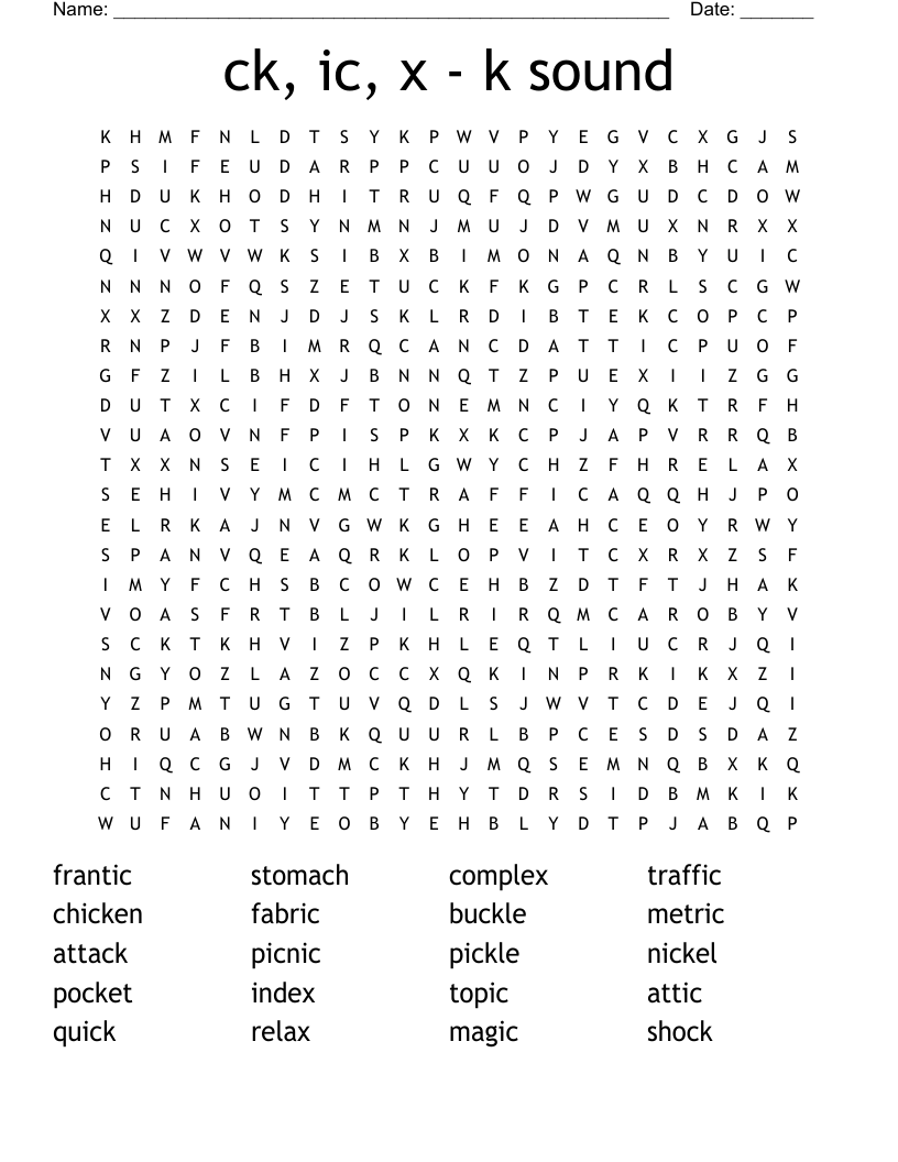 ck, ic, x - k sound Word Search