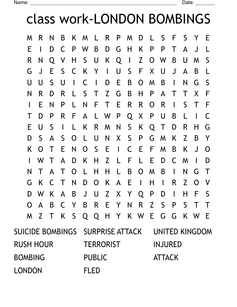 class work-LONDON BOMBINGS  Word Search