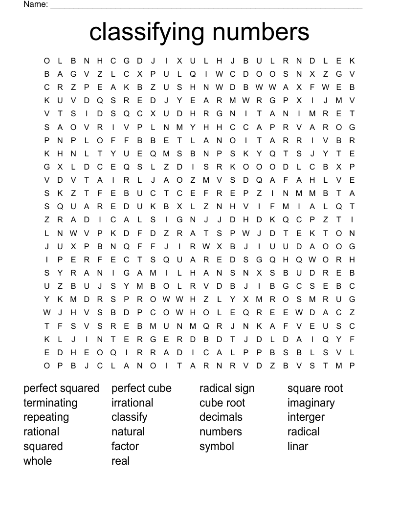 classifying numbers Word Search