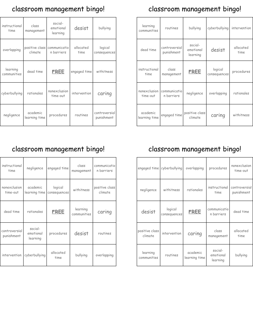 classroom management bingo!