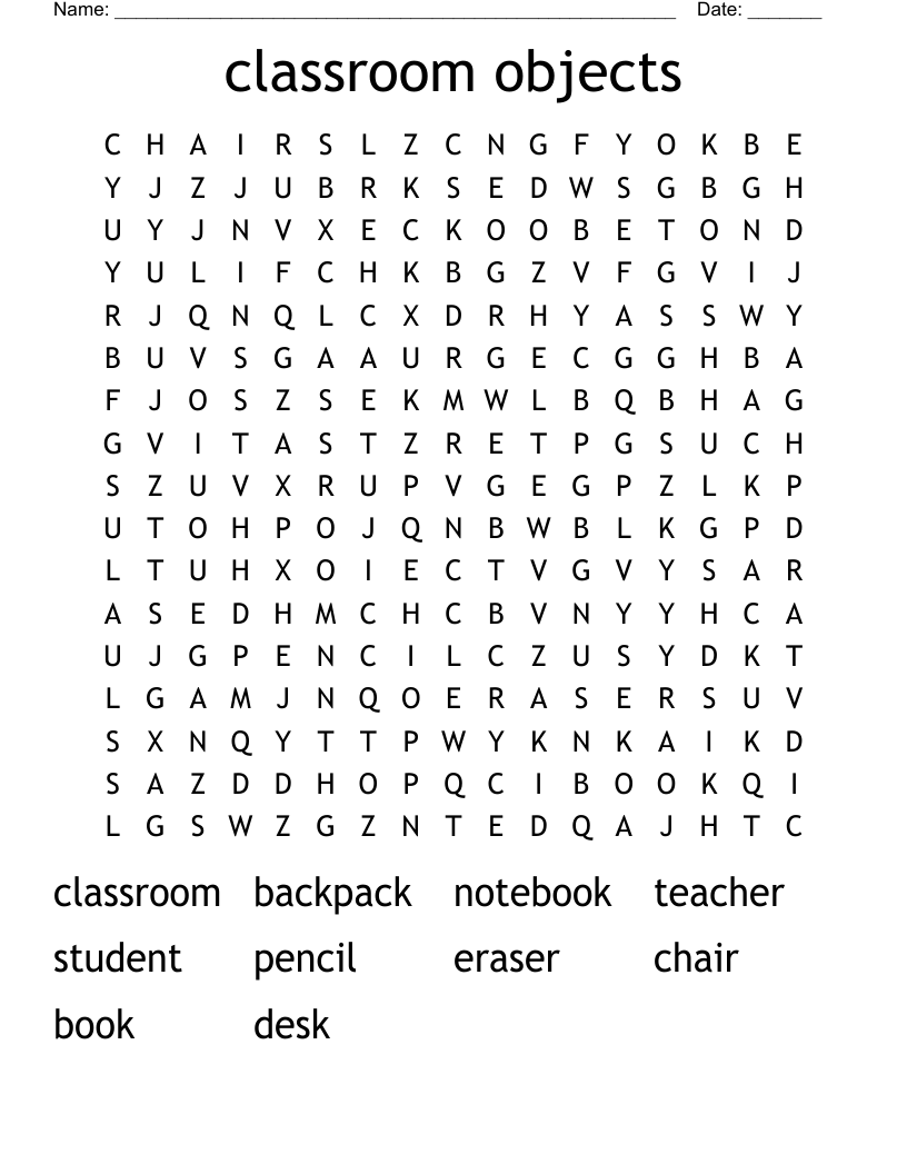 classroom objects Word Search