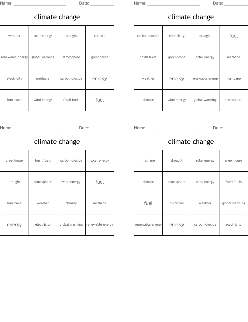 climate change Bingo Cards