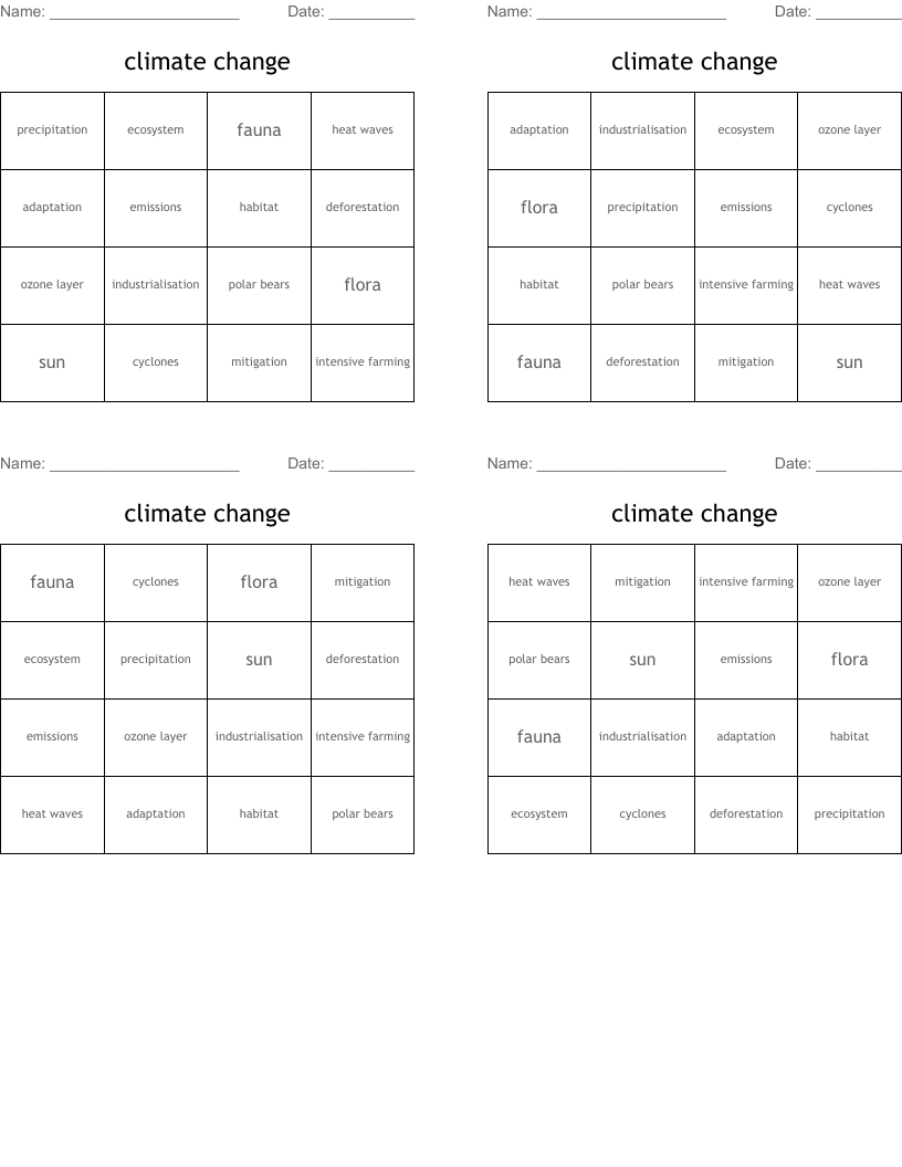climate change Bingo Cards