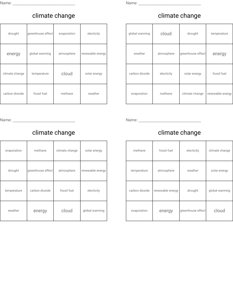 climate change  Bingo Cards