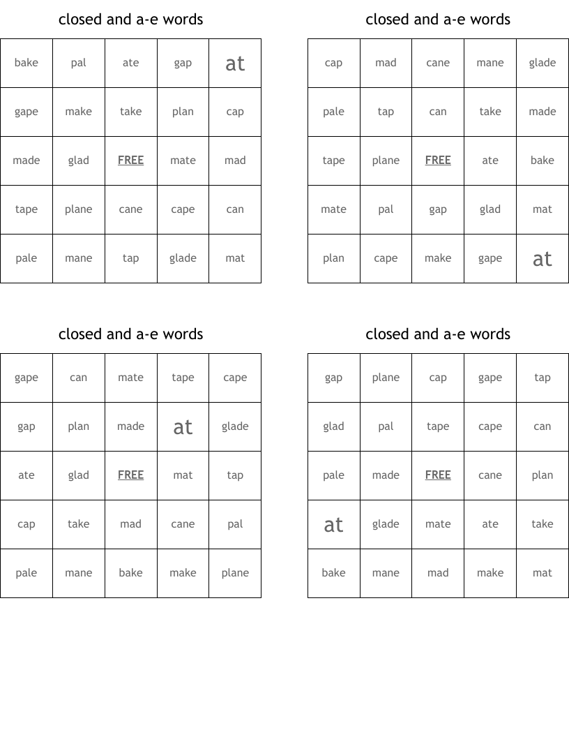 closed and a-e words Bingo Cards