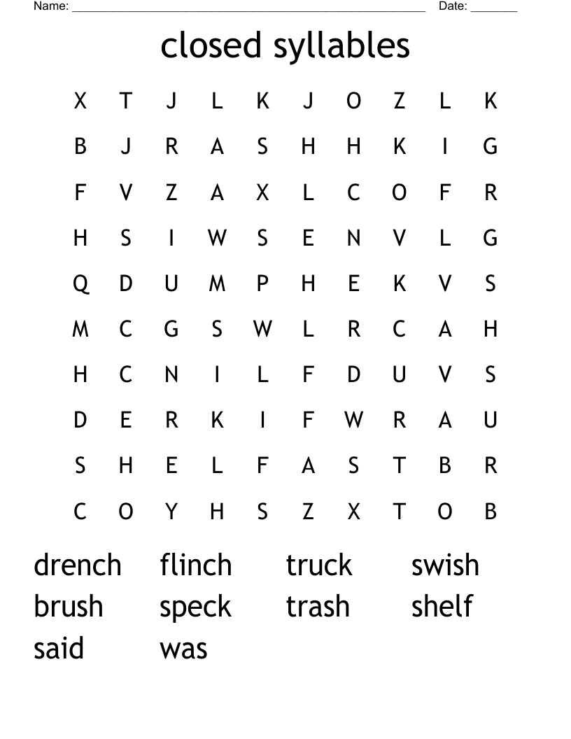 closed syllables Word Search