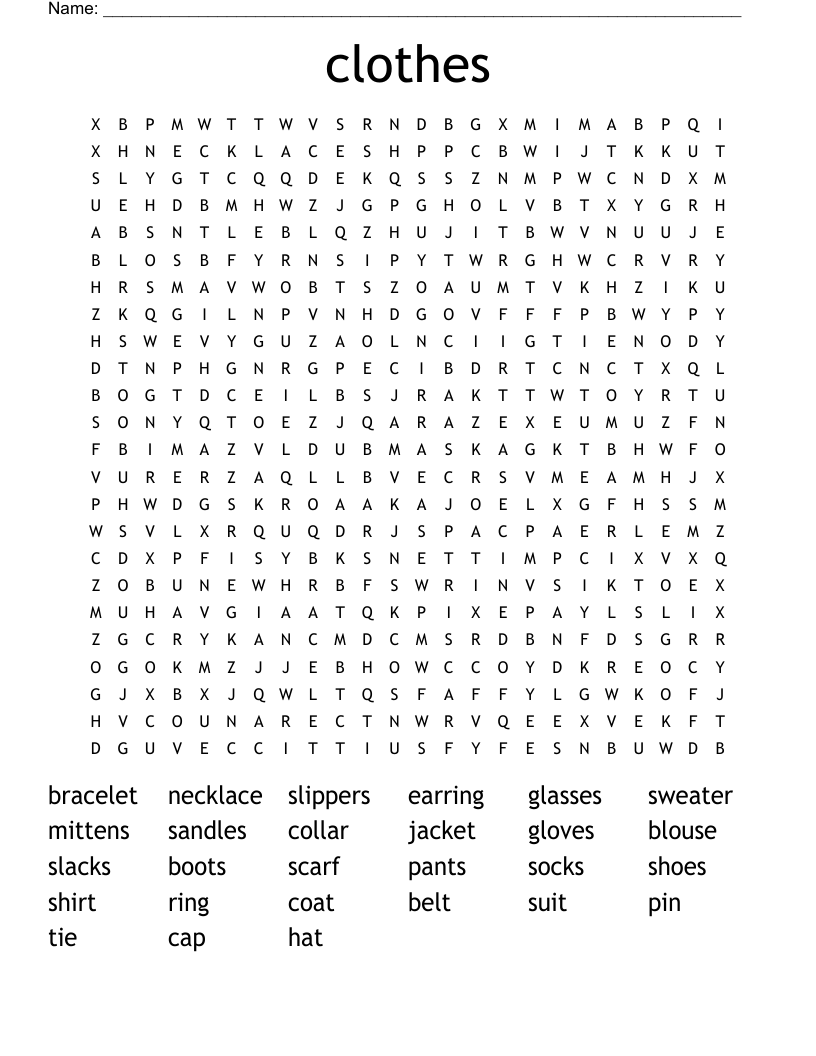 clothes Word Search