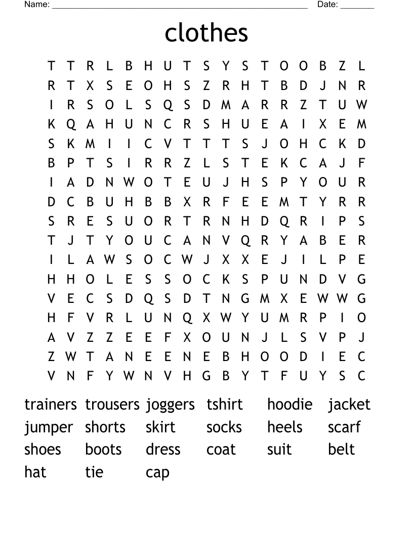 clothes Word Search