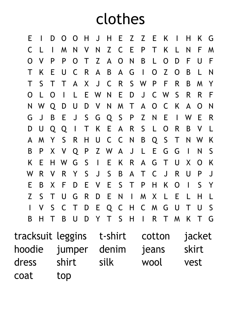 clothes Word Search