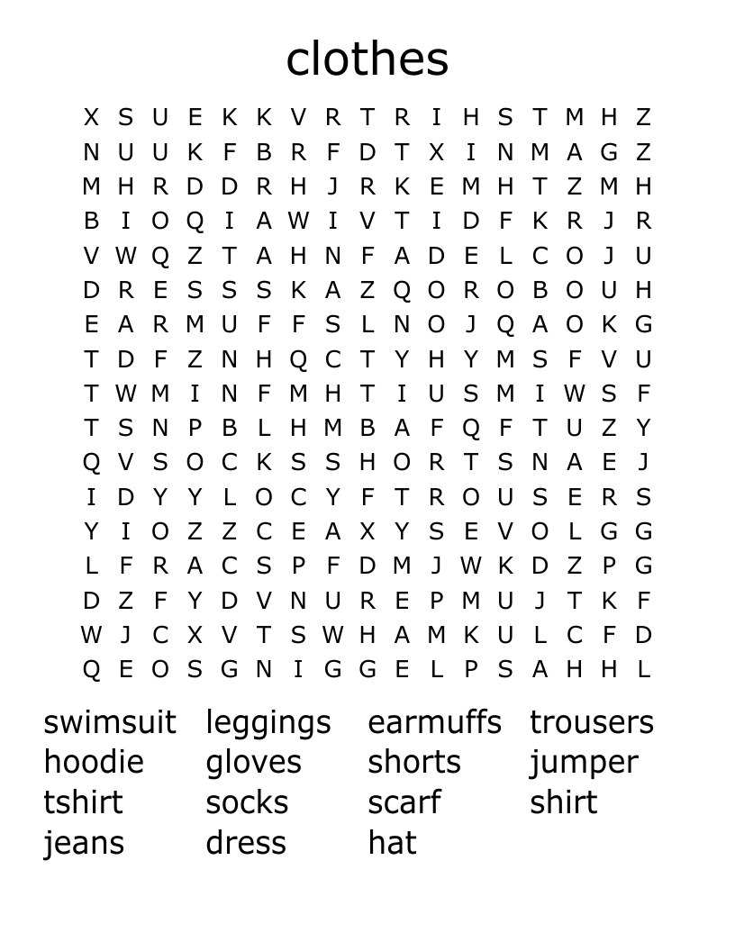 clothes Word Search