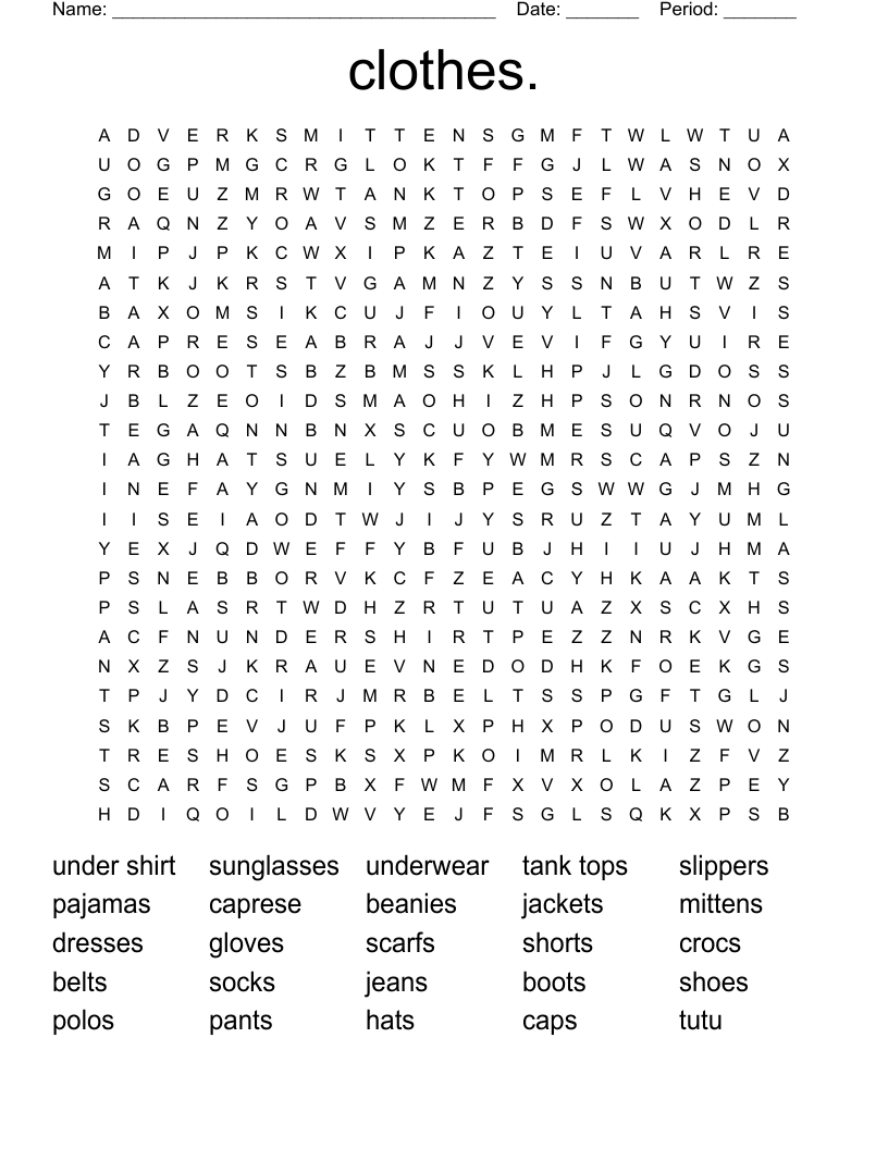 clothes. Word Search