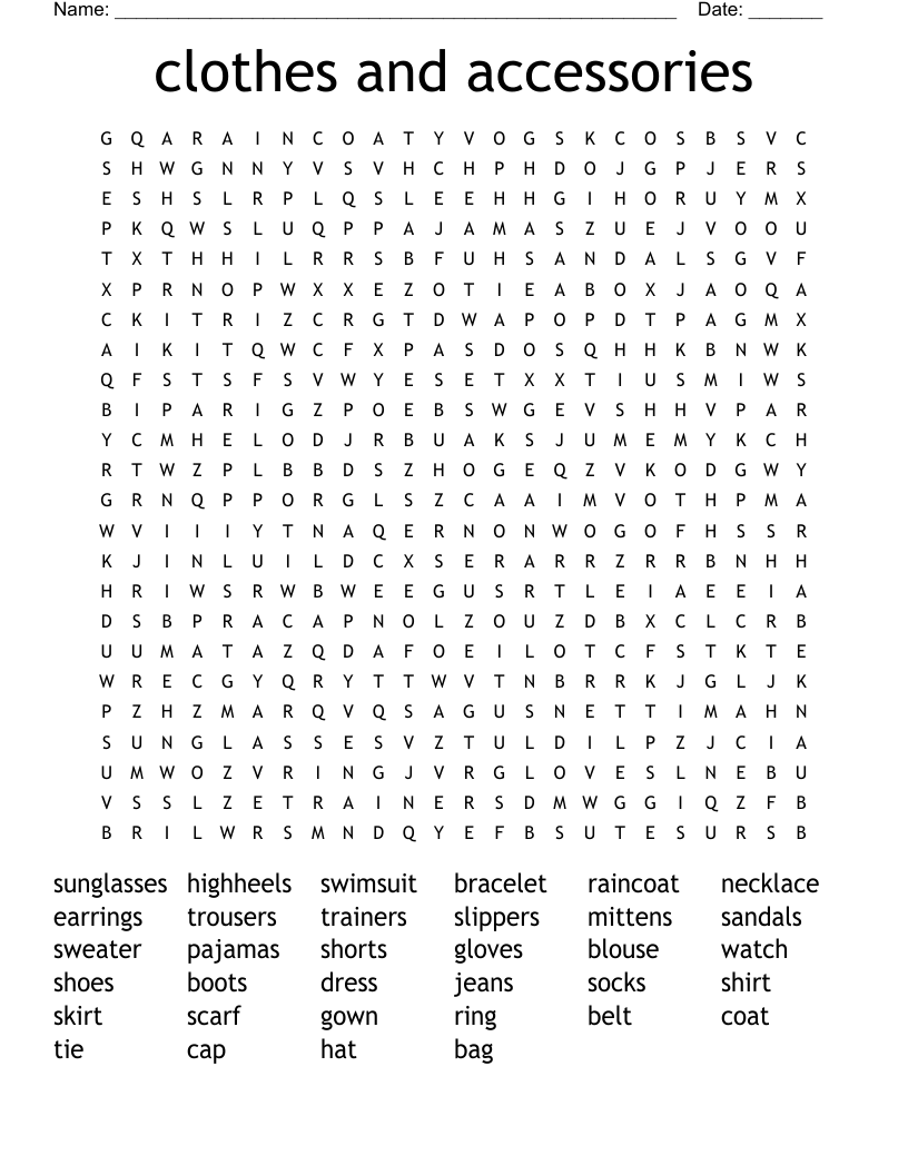 clothes and accessories Word Search