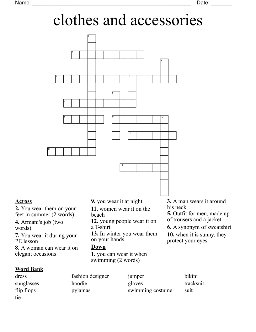 clothes and accessories Crossword