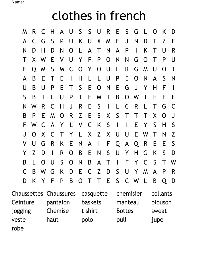 clothes in french Word Search