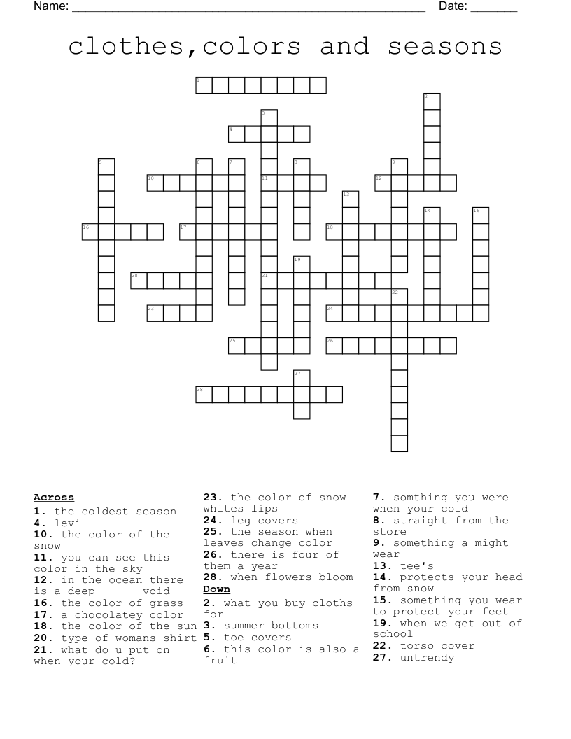 clothes,colors and seasons  Crossword