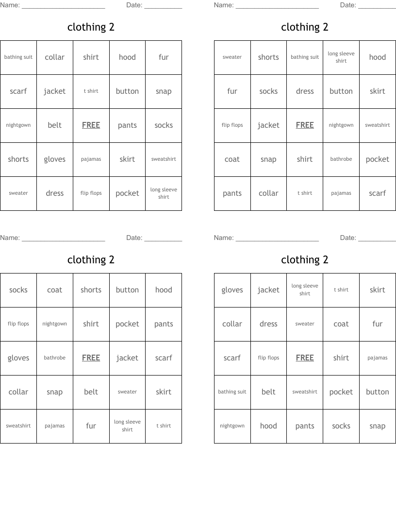 clothing 2 Bingo Cards