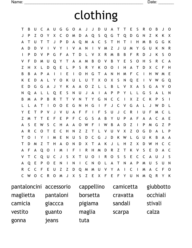 clothing Word Search