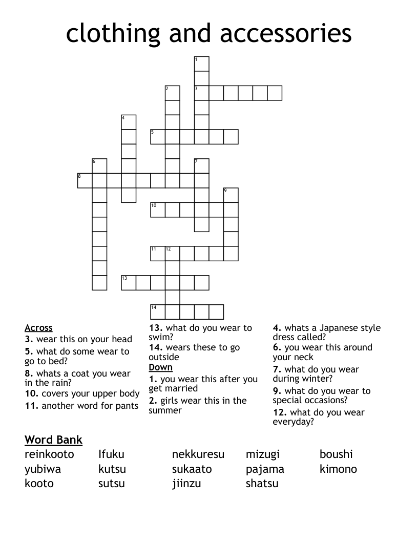 clothing and accessories Crossword