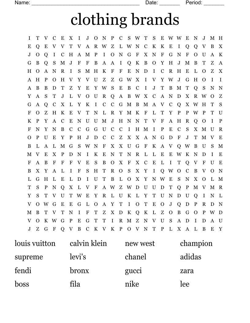 clothing brands Word Search