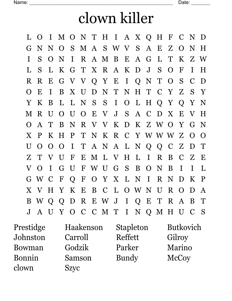 clown killer Word Search
