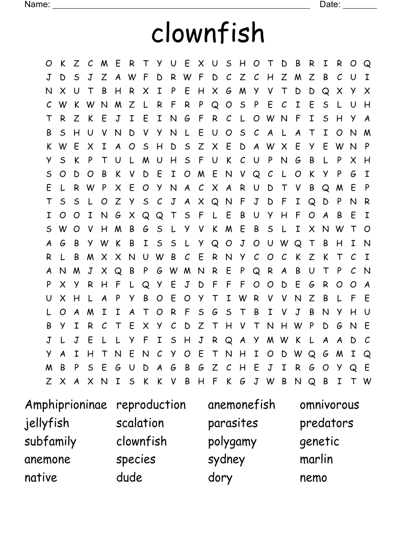 clownfish Word Search