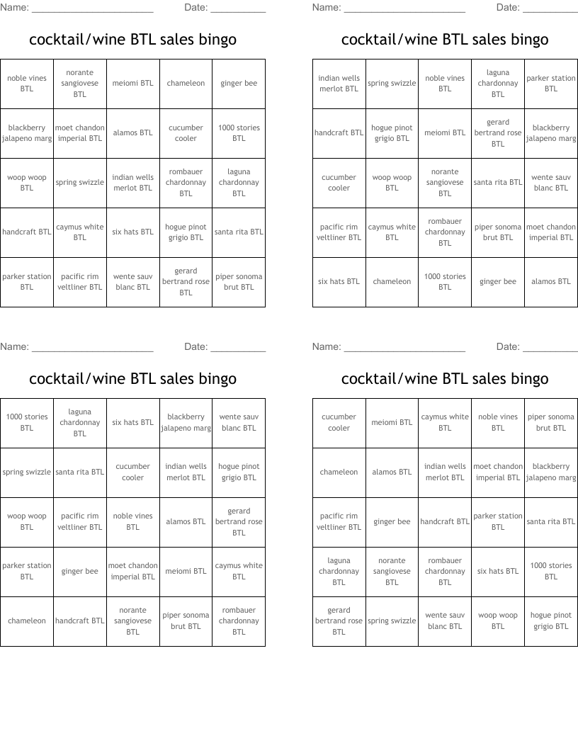 cocktail/wine BTL sales bingo