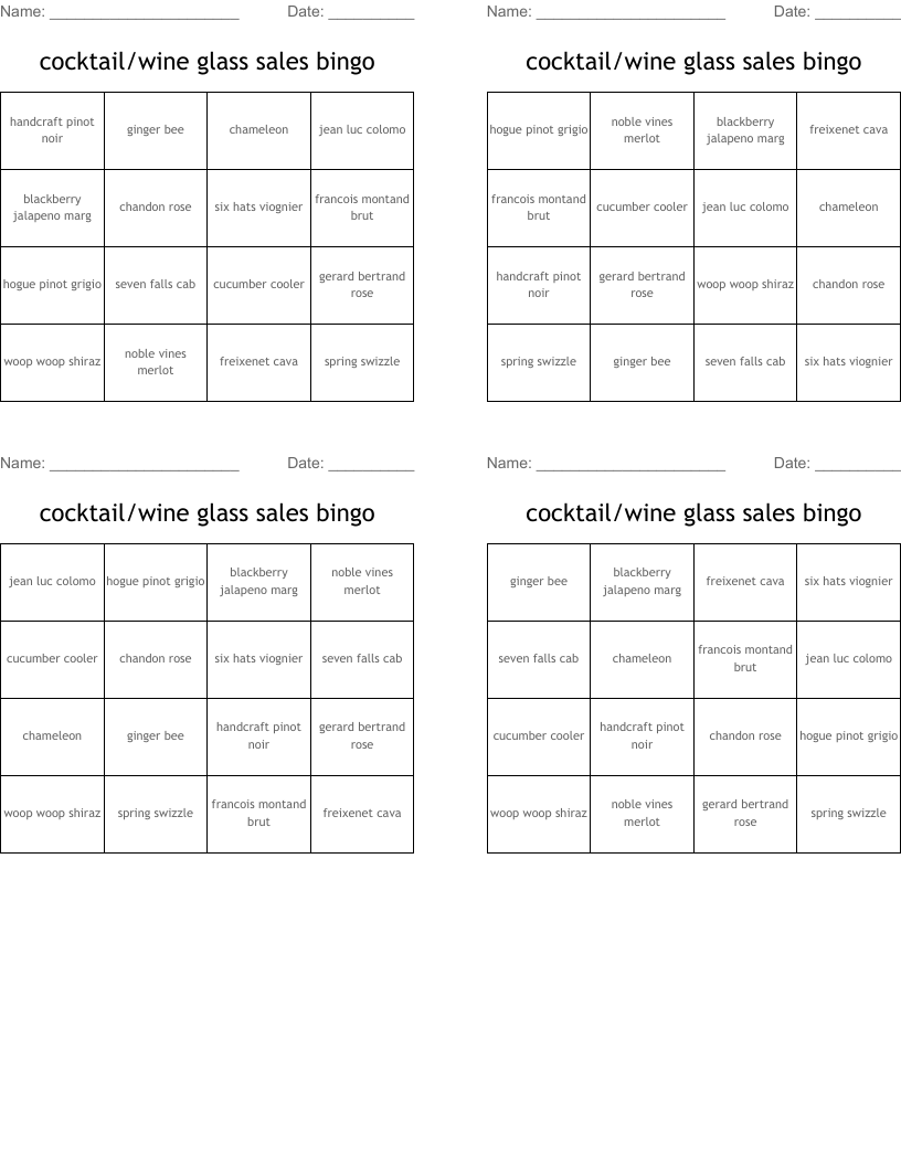 cocktail/wine glass sales bingo