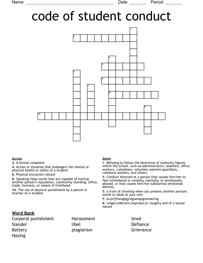 code of student conduct Crossword