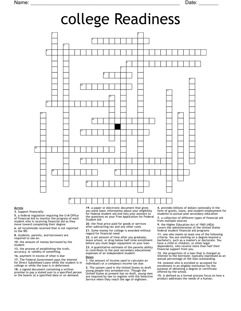 college Readiness Crossword