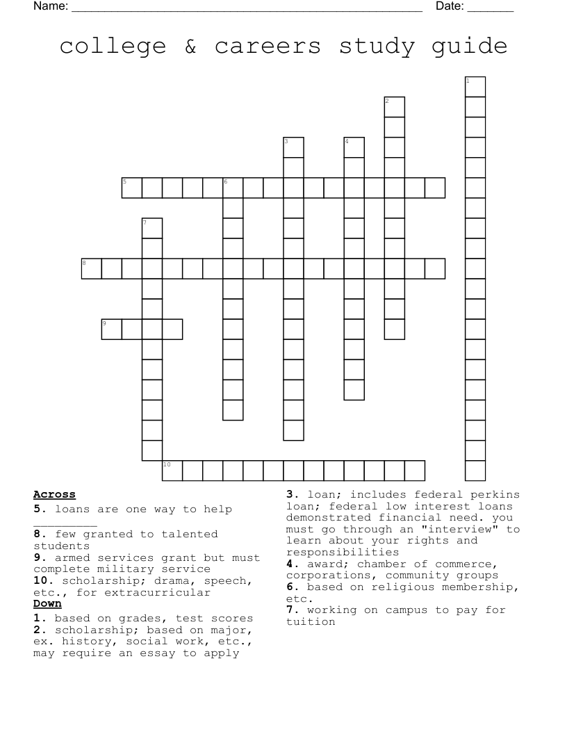 college & careers study guide Crossword
