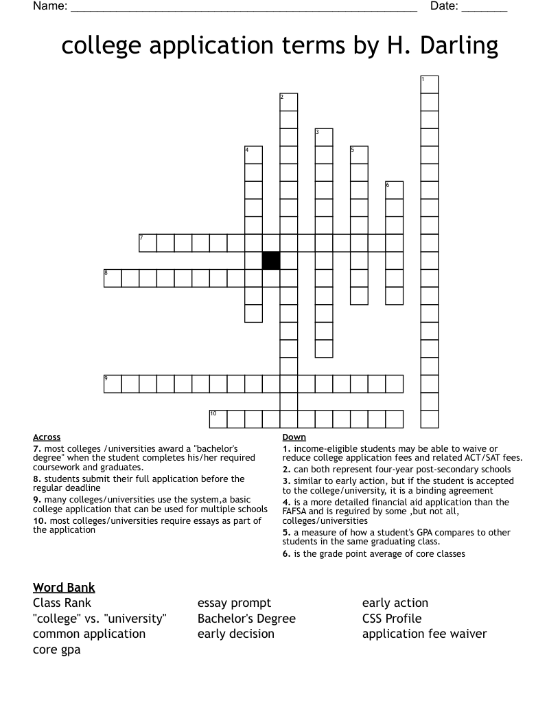 college application terms by H. Darling  Crossword