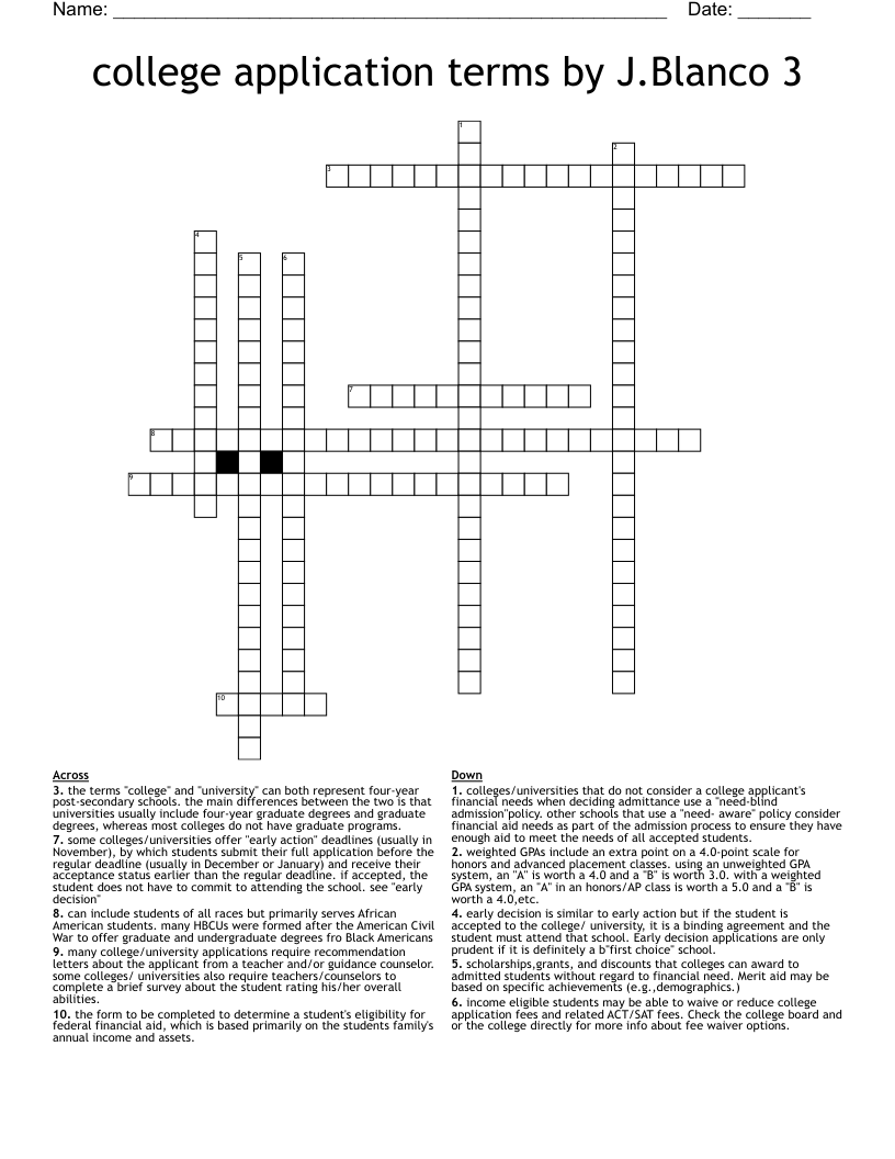 college application terms by J.Blanco 3 Crossword