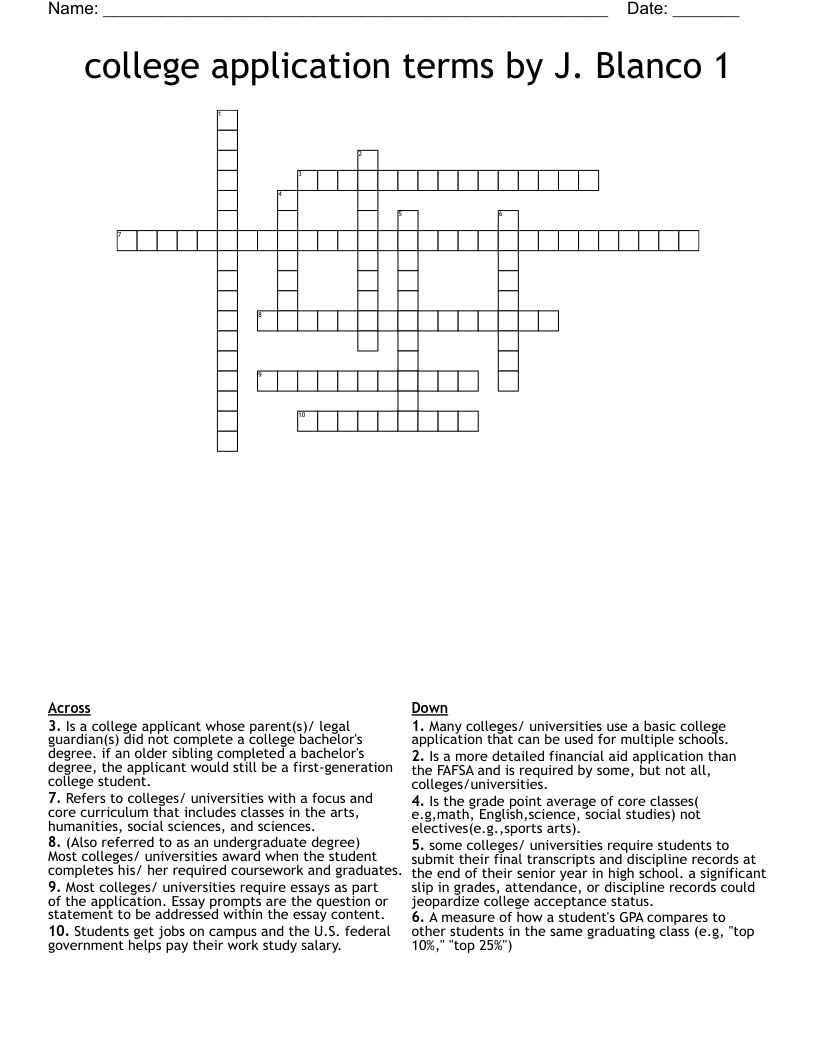college application terms by J. Blanco 1 Crossword