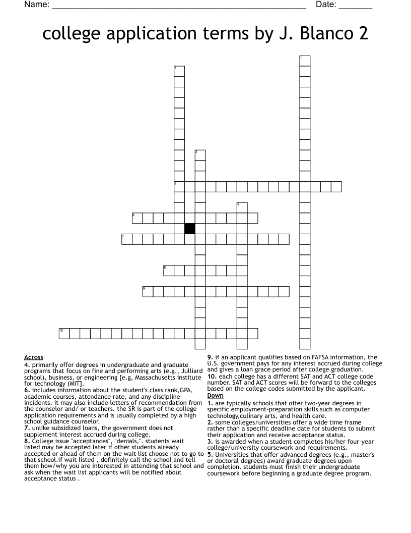 college application terms by J. Blanco 2 Crossword