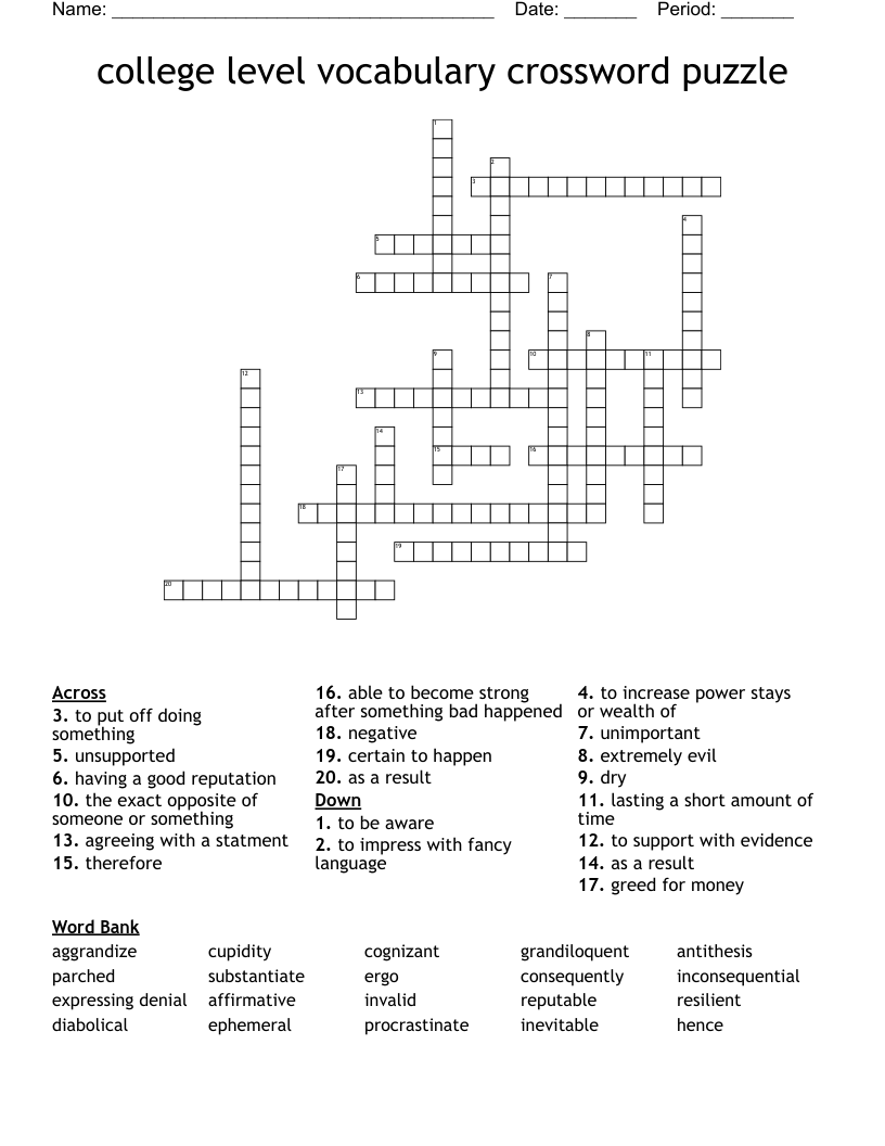 college level vocabulary crossword puzzle 