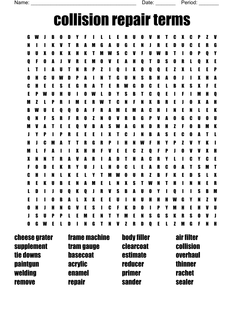 collision repair terms Word Search
