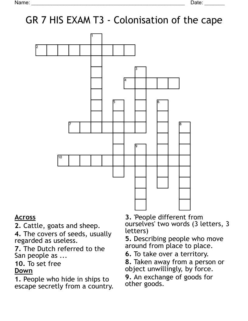 GR 7 HIS EXAM T3 - Colonisation of the cape Crossword