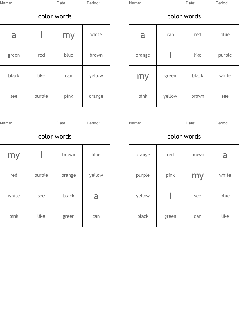 color words Bingo Cards