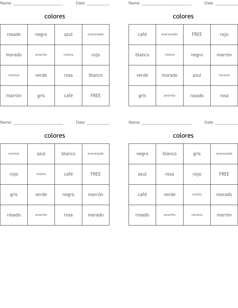 colores Bingo Cards