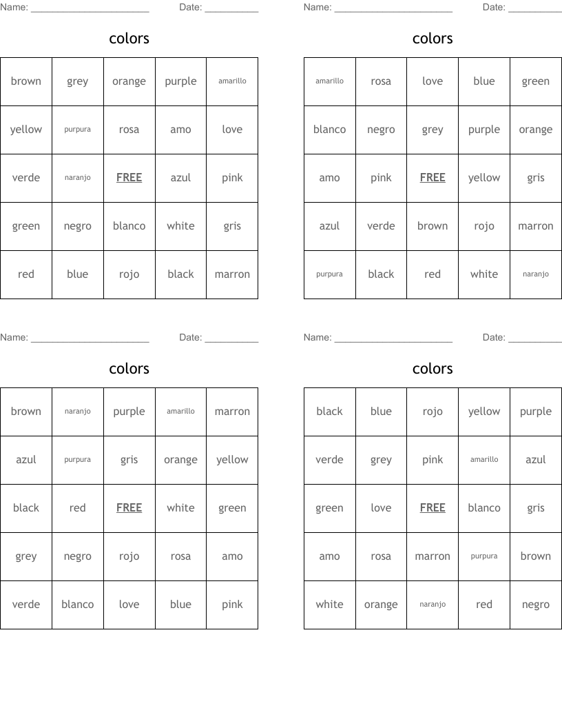 colors Bingo Cards