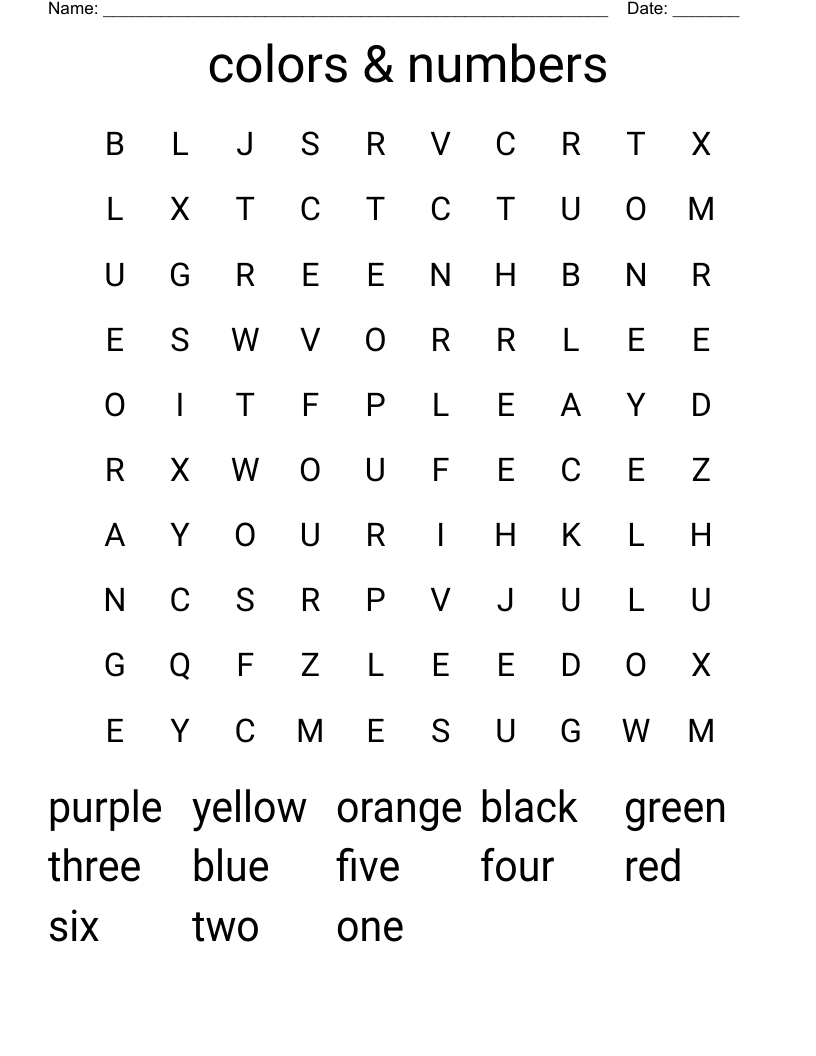 colors & numbers Word Search