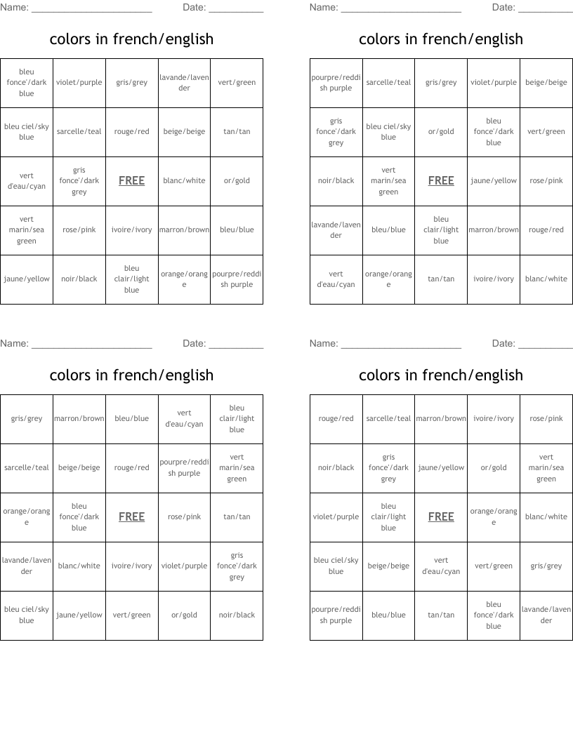 colors in french/english Bingo Cards