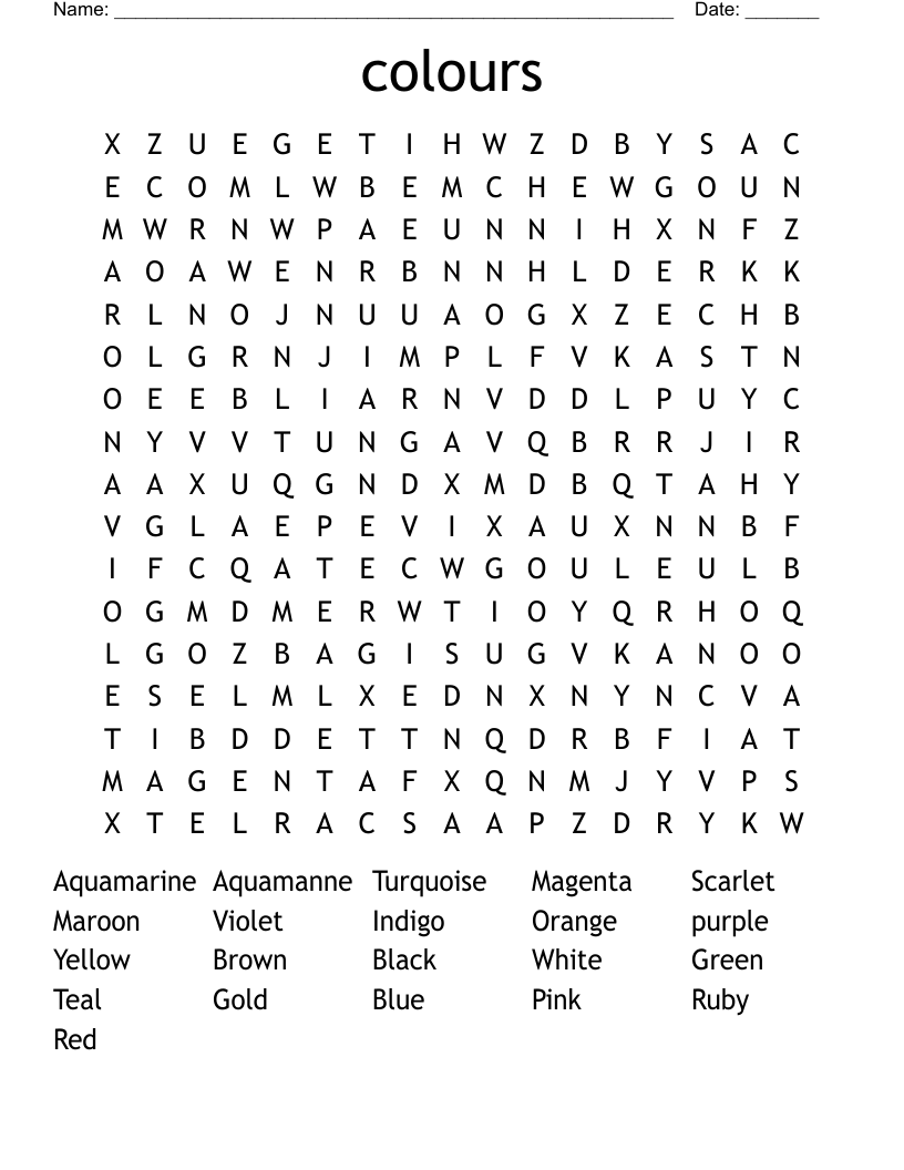 colours Word Search