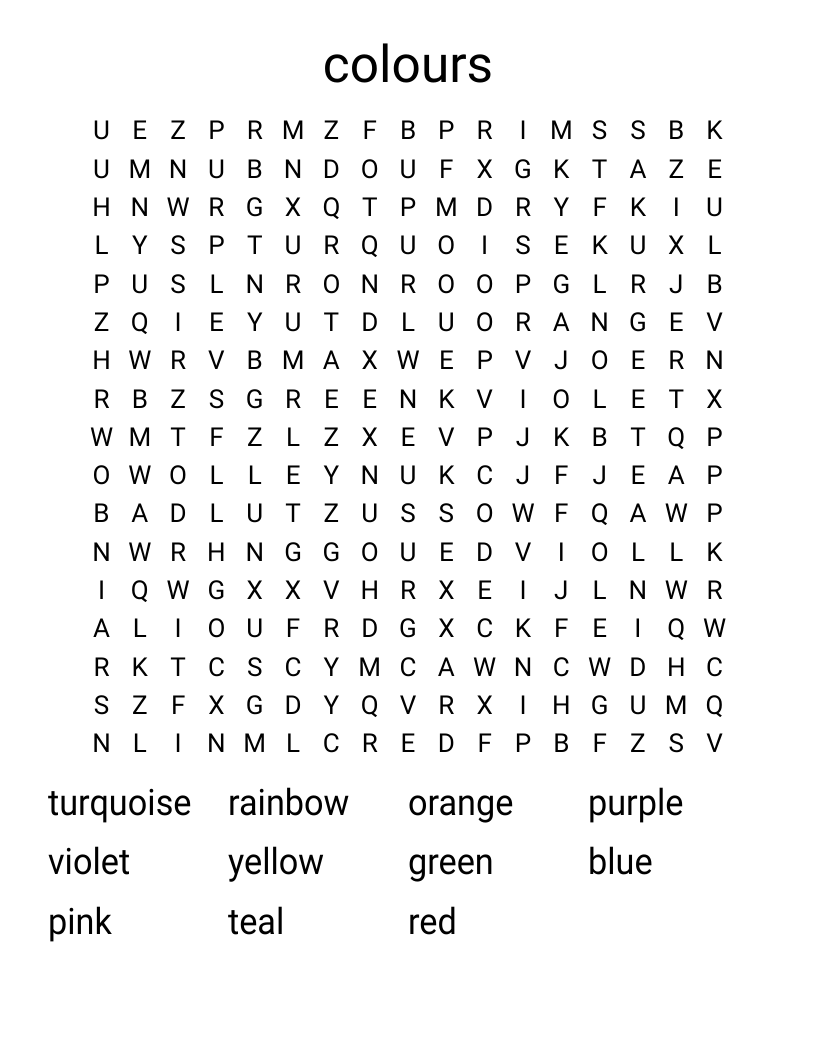 colours Word Search