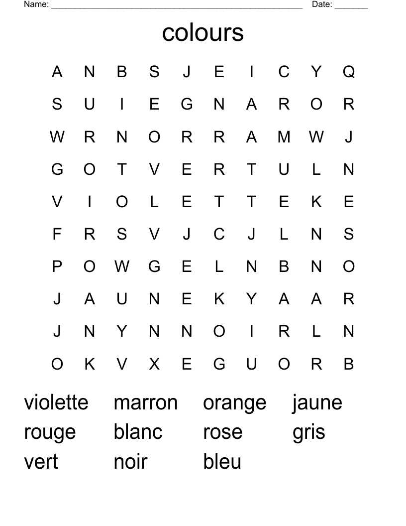 colours Word Search