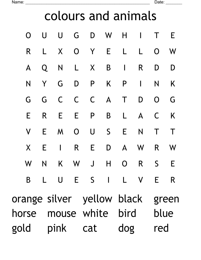 colours and animals Word Search